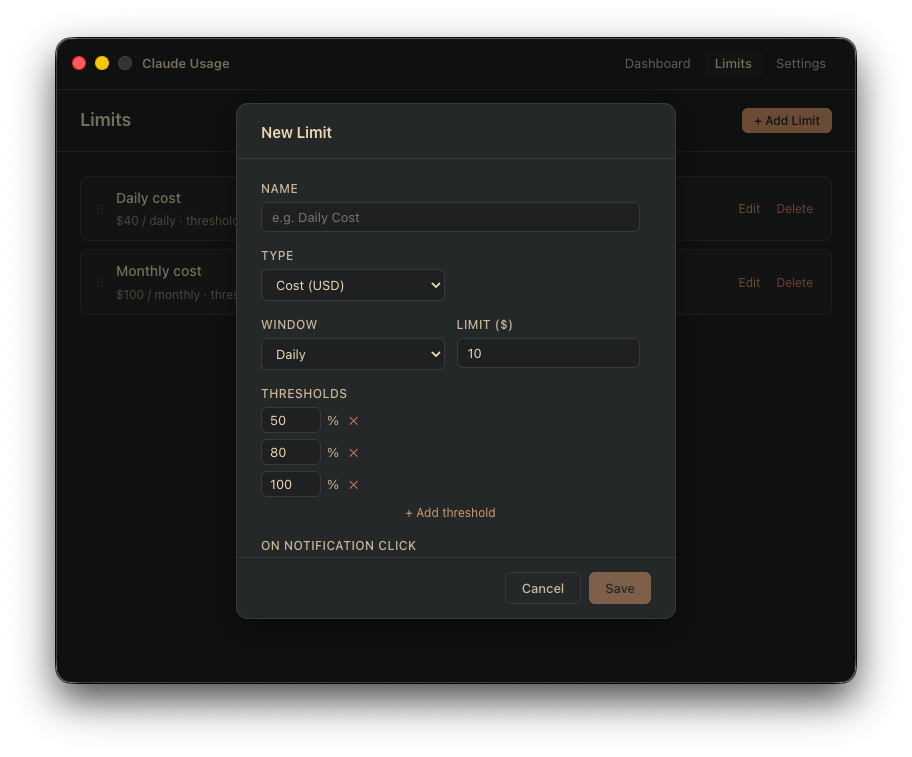 ClaGuard Limits — new limit modal with threshold configuration